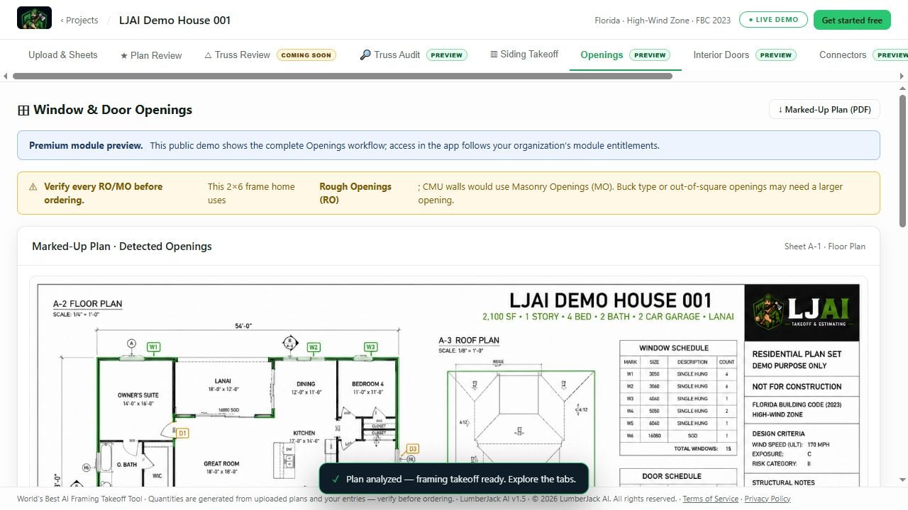 Live LumberJack AI workspace showing the verified window and exterior-door schedule for LJAI Demo House 001