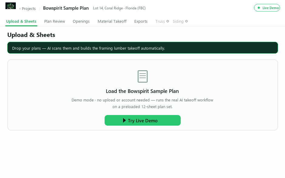 LumberJack AI framing takeoff walkthrough — AI scans the plan, then produces plan review, opening schedule, material takeoff and exports