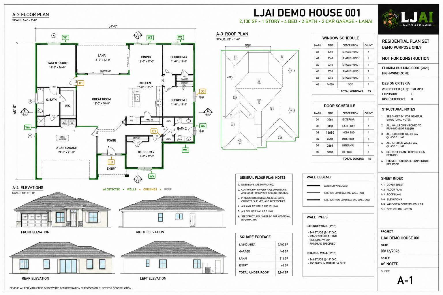 LJAI Demo House 001 plan with AI-detected walls, openings and roof geometry