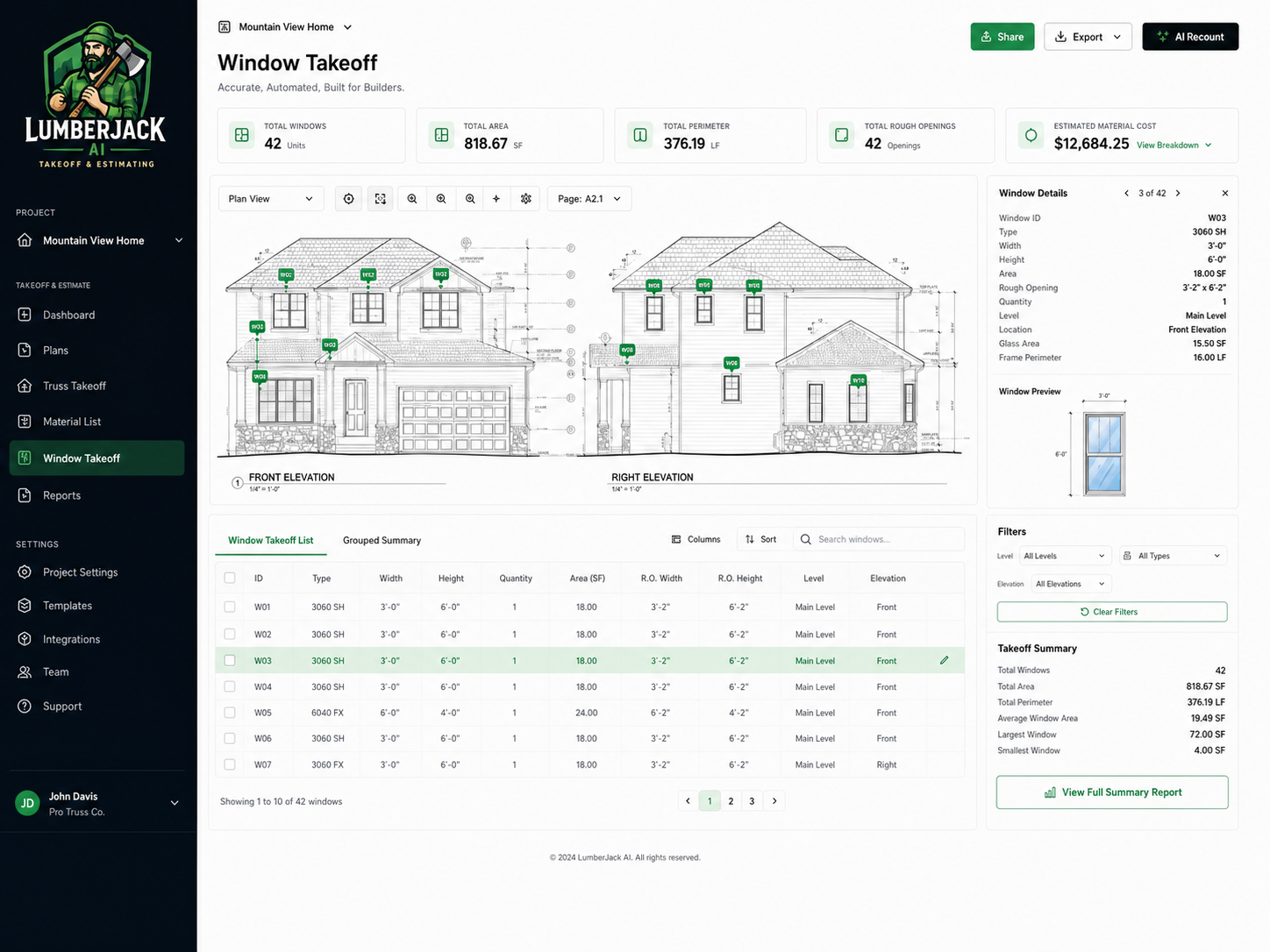 LumberJack AI Window Takeoff dashboard showing detected windows on front and right elevations, details, filters, and a consolidated takeoff table